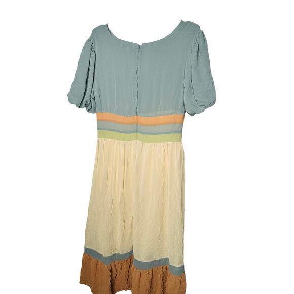 PAMELA LOVE x RTR Multicolored Color Block Crewneck Chiffon Midi Dress Size L - Picture 5 of 15